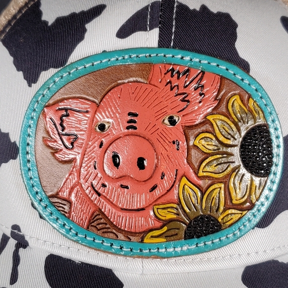 Leather Tooled Pig/Cow Print Hat NWOT'S - Picture 4 of 4